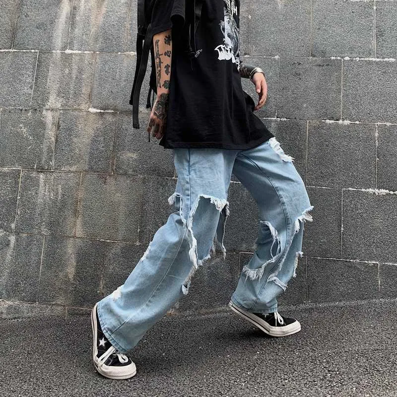 Fake Two-piece Pants Streetwear High Waist Hole Jeans Loose Straight Wide Leg Women's Fashion 210615