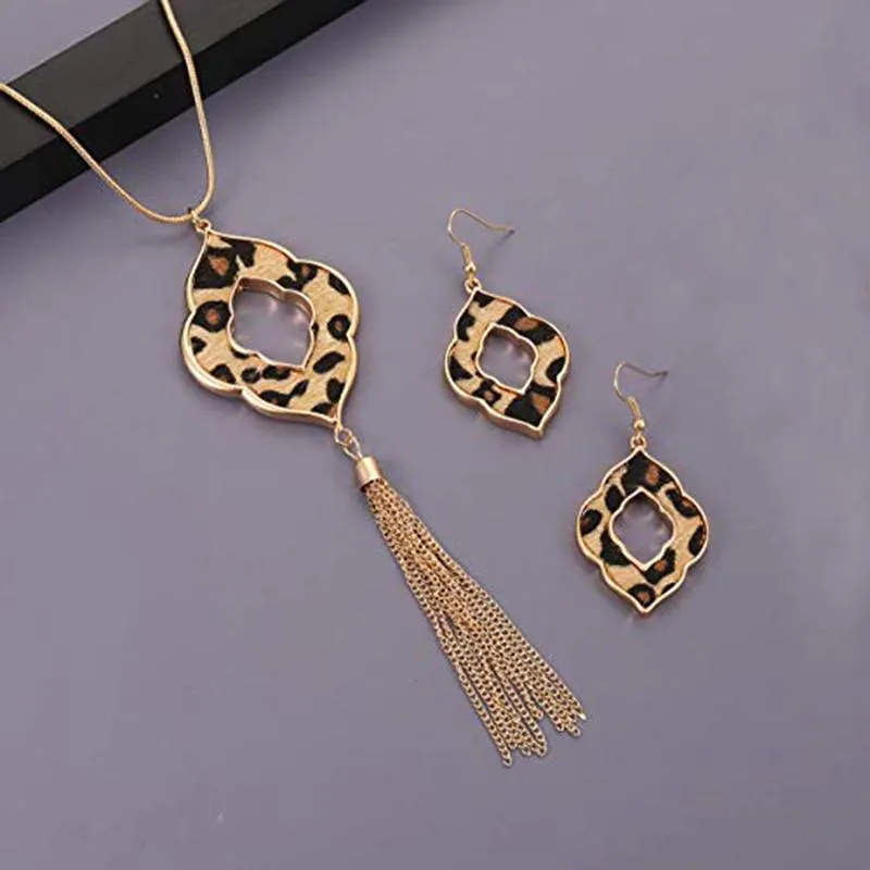 Ohrringe Halskette lang für Frauen Leopardenmuster Gepard Leder Tropfen baumeln Set geometrische Anhänger Fransen Quaste2741
