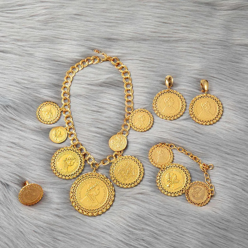 Münze Halskette/Ohrring/Ring/Armband Schmuck Sets Für Frauen Gold Farbe Münzen Arabisch/Afrikanische Braut Türkei hochzeit Geschenke 210720