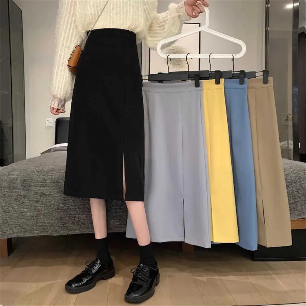 Simple Slim High Waist Side-Slit Empire Wild Solid Mid-Calf Women Aline Skirts Korean Style Casual Black Elegant Office Ladies 210619