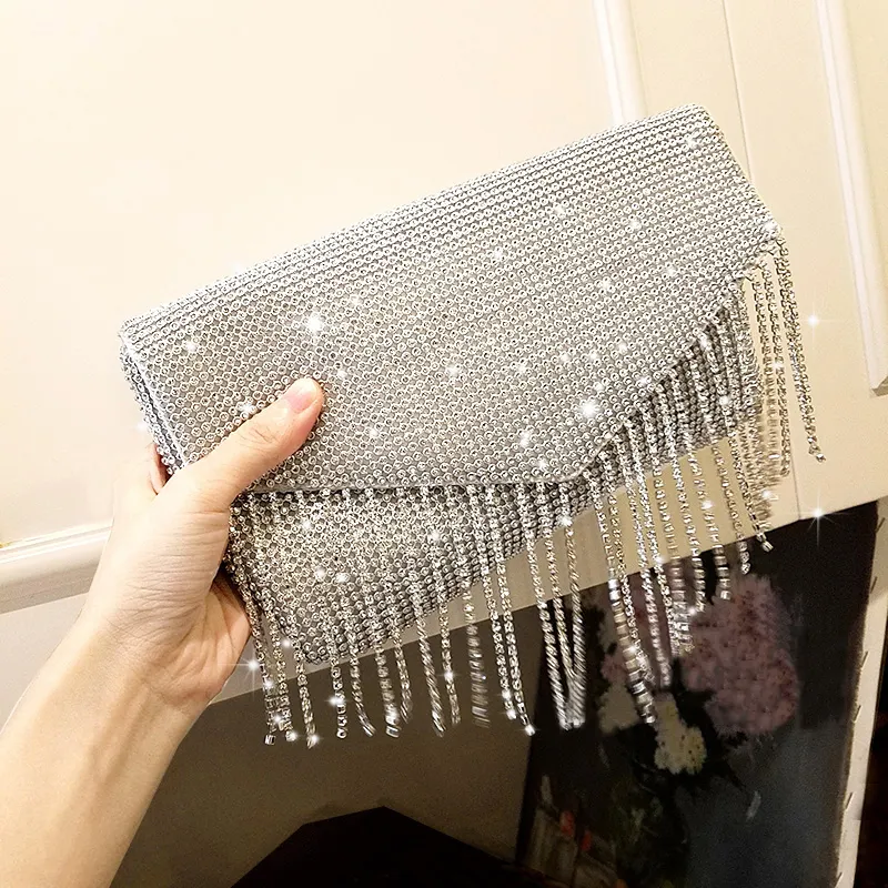 Bolso de mano con sobre de diamantes plateados para mujer, bolso de noche para boda, diseño de bolso, cadena con borla, hombro 226B