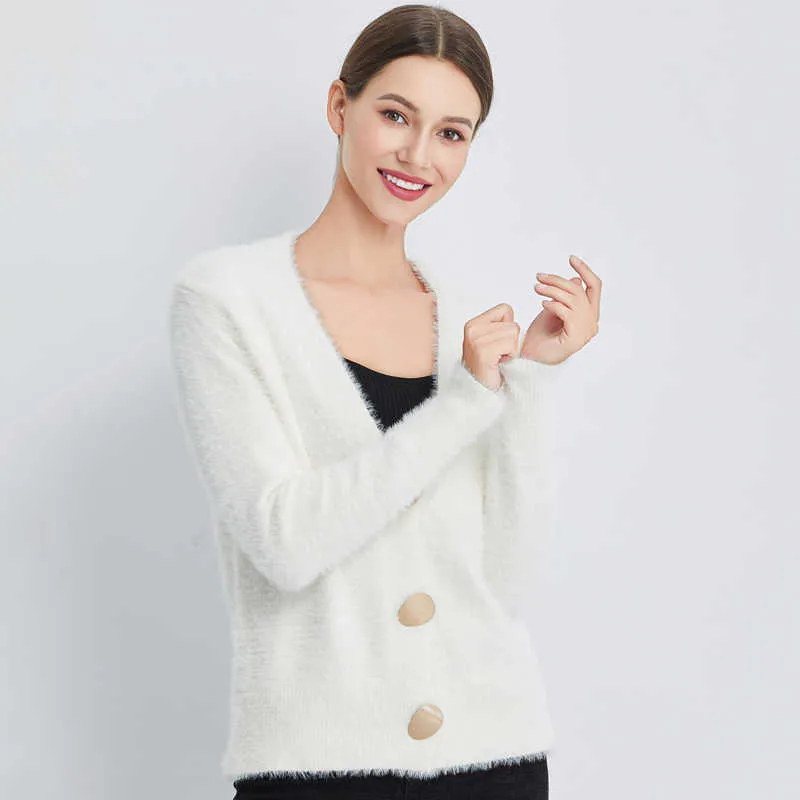 Ly Varey Lin Vinter Kvinnor Guldknapp Woolen Open Stitch Sweater Kvinna Varm Elegant V Hals Enstaka Breasted Cardigan Coat 210526