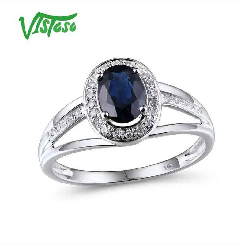 Visoso 14K Bagues en or blanc pour femmes véritable diamant étincelant 7x5mm saphir bleu anniversaire de fiançailles unique bijoux fins 211217