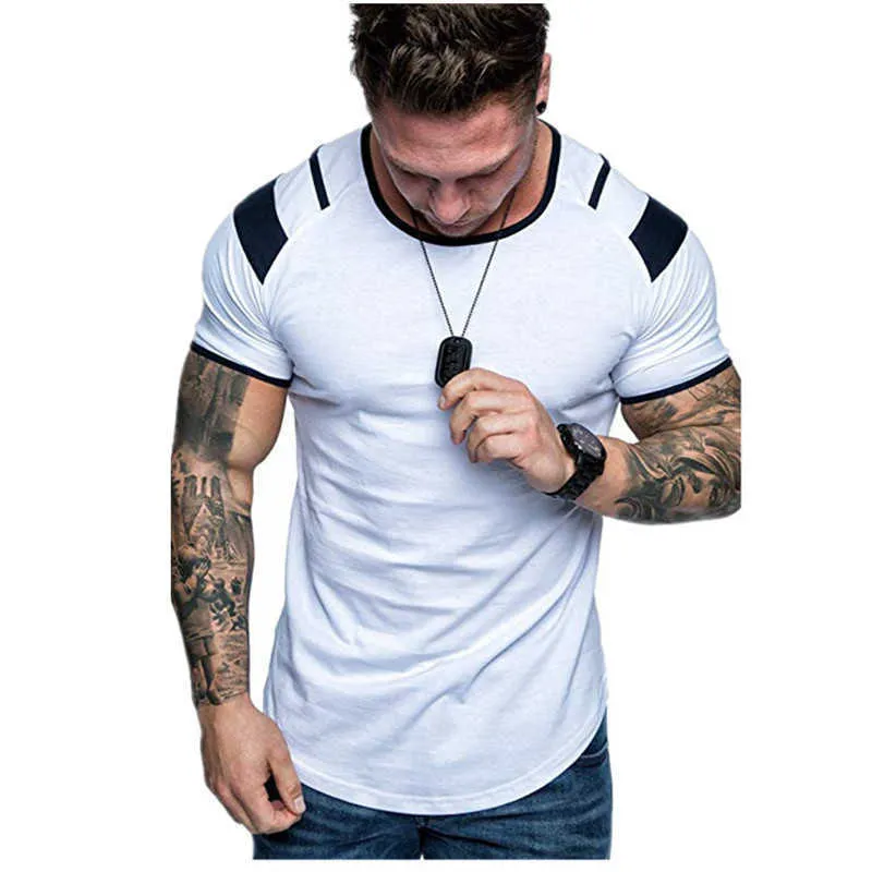 T-shirt O-collo da uomo Slim T-shirt manica corta High Street Uomo Estate Casual Muscle Fitness Top Patchwork Fashion Basic Tee 210603
