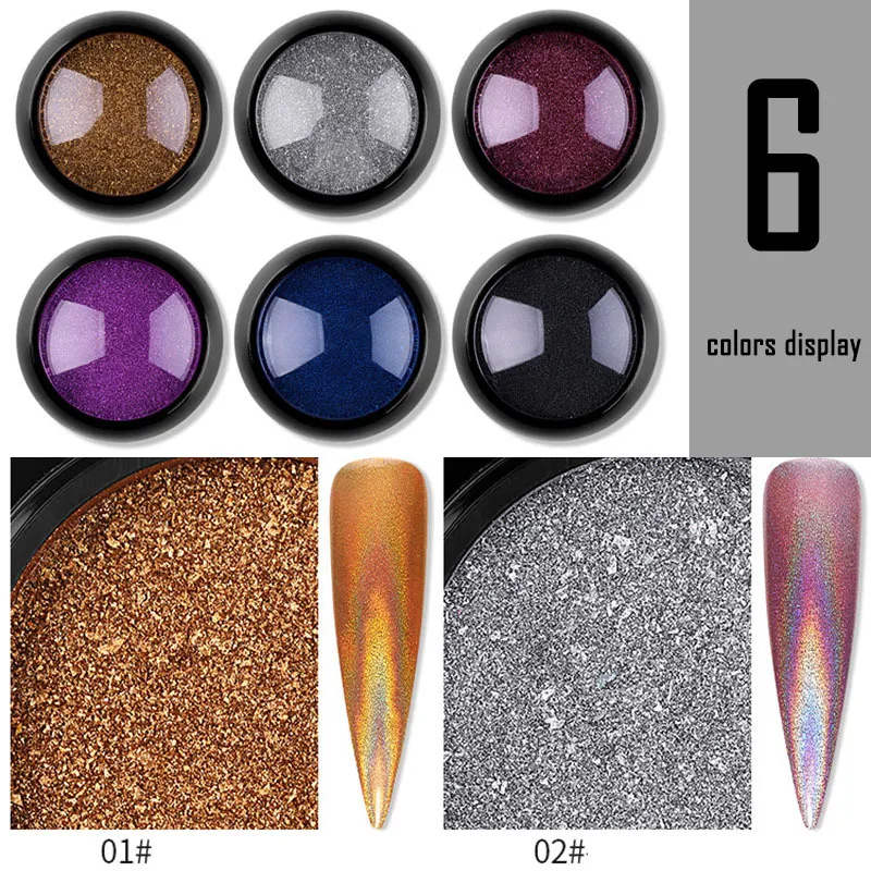 regnbåge laser glitter 6 färger krom pigment pulver med bomullsticka gnid på s design för nagelkonst