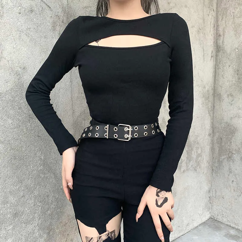 Insgoth streetwear à manches longues noir tops basiques gothique sexy évider hauts maigres punk high street chic hauts femmes automne 2020 Y0621