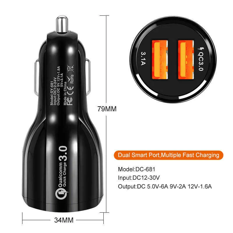 Quick Charge 3.0 Autolader Sigarettenaansteker Adapter QC 3.0 Dual Usb-poort Snel Opladen Auto Accessoires Voor telefoon DVR MP3