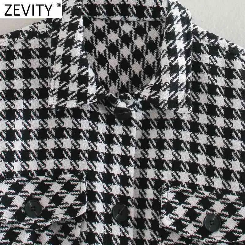 Women Vintage Pockets Patch Houndstooth Print Casual Short Shirt Coat Femme Streetwear Outwear Chic Jacket Tops CT616 210420