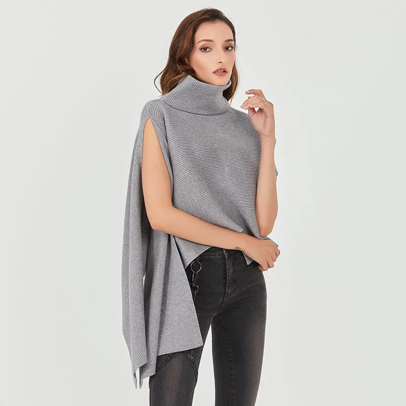 Pull irrégulier pour femmes col roulé chauve-souris à manches courtes côté fendu tricot chandails femme vêtements 210524