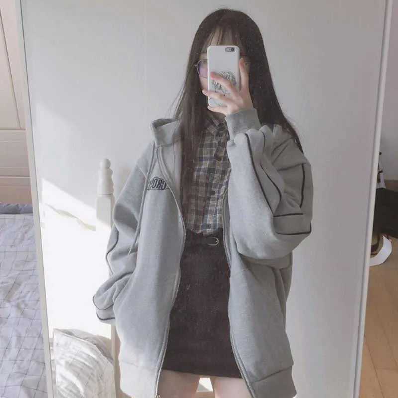 Streetwear Harajuku Superized Sweatshirt Mulheres Imprimir carta Zip Up Hoodies Student Plus Size Outwear Feminino Solto Tops 210803