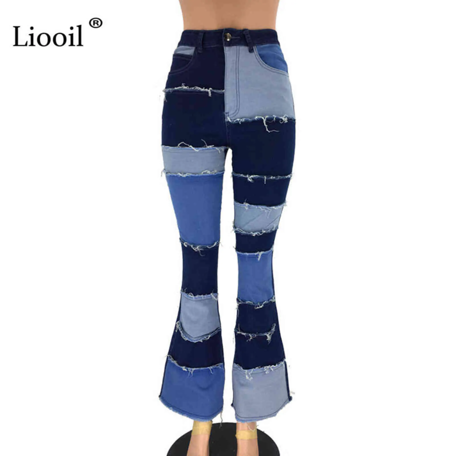 Liooil Jeans a zampa a vita alta color block con tasche Streetwear Pantaloni sexy Pantaloni a zampa d'elefante Pantaloni skinny in denim patchwork 211129