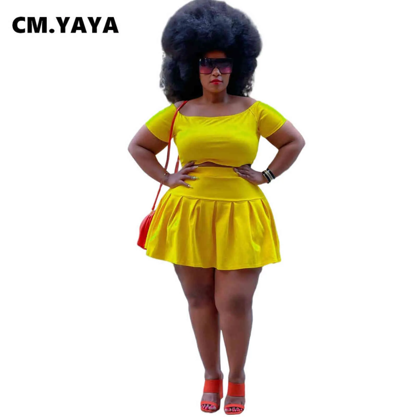 Cm.yaya plus size twee 2 stuk set effen slash nek korte mouwen top + mini geplooide rokken set sexy casual outfits zomer 211116