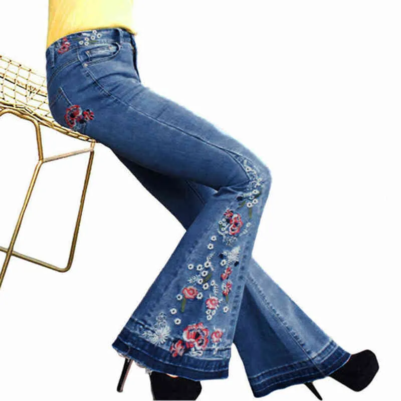 Jeans femmes dame grande botte évasée coupe jambe coupe ample taille haute broderie classique Denim pantalon # T2G 211204