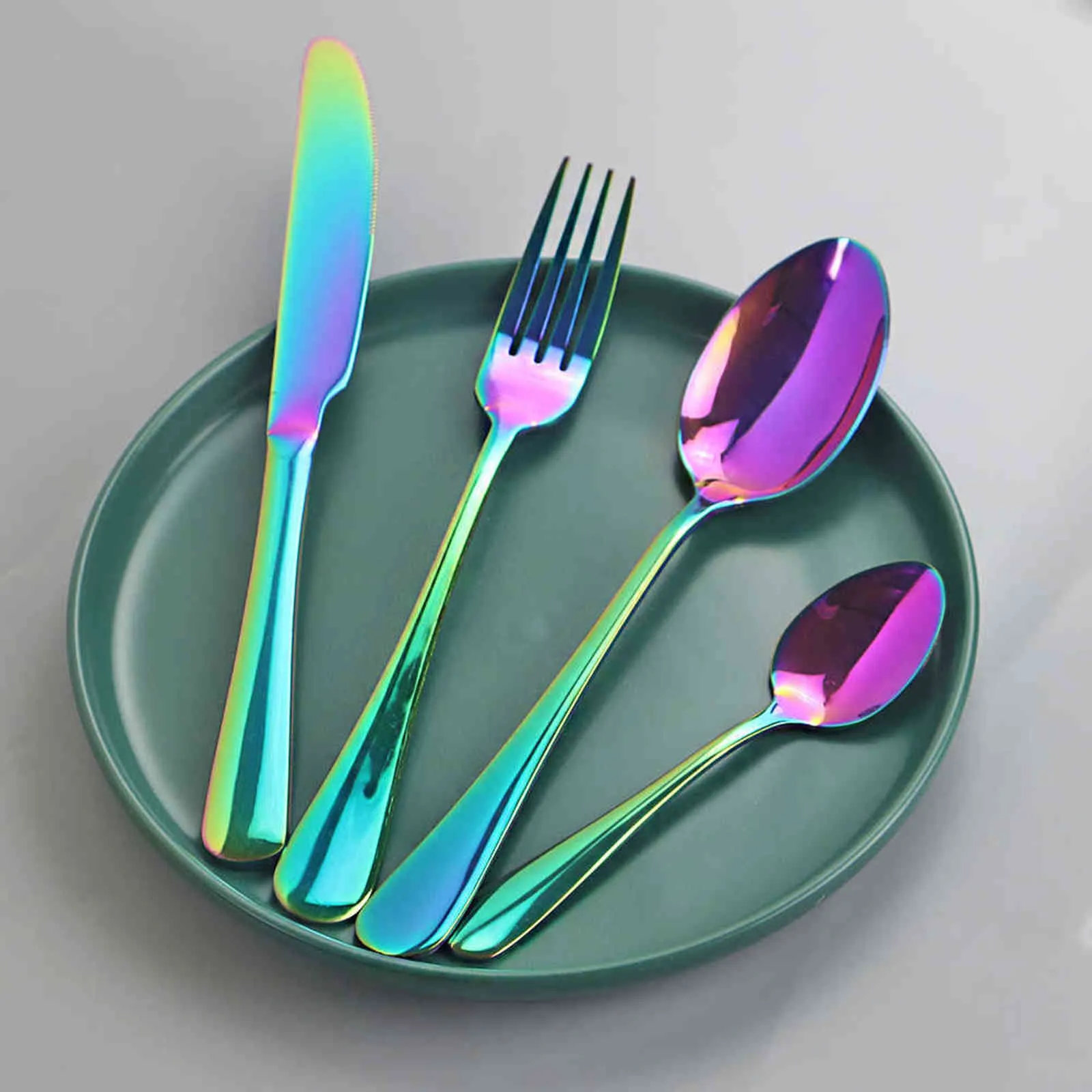 Rainbow Tableware Set 18/10 en acier inoxydable vaisselle couteau fourchette cuillère couverts ensemble dîner occidental argenterie coffret cadeau 211112