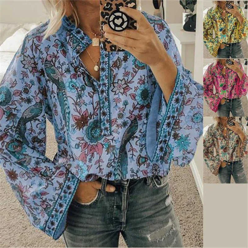 GAOKE Women Peacock Print Boho Blouse Elegant Vintage Long Sleeve Shirt Spring Autumn Female V-Neck Button Blusa Tops 210719