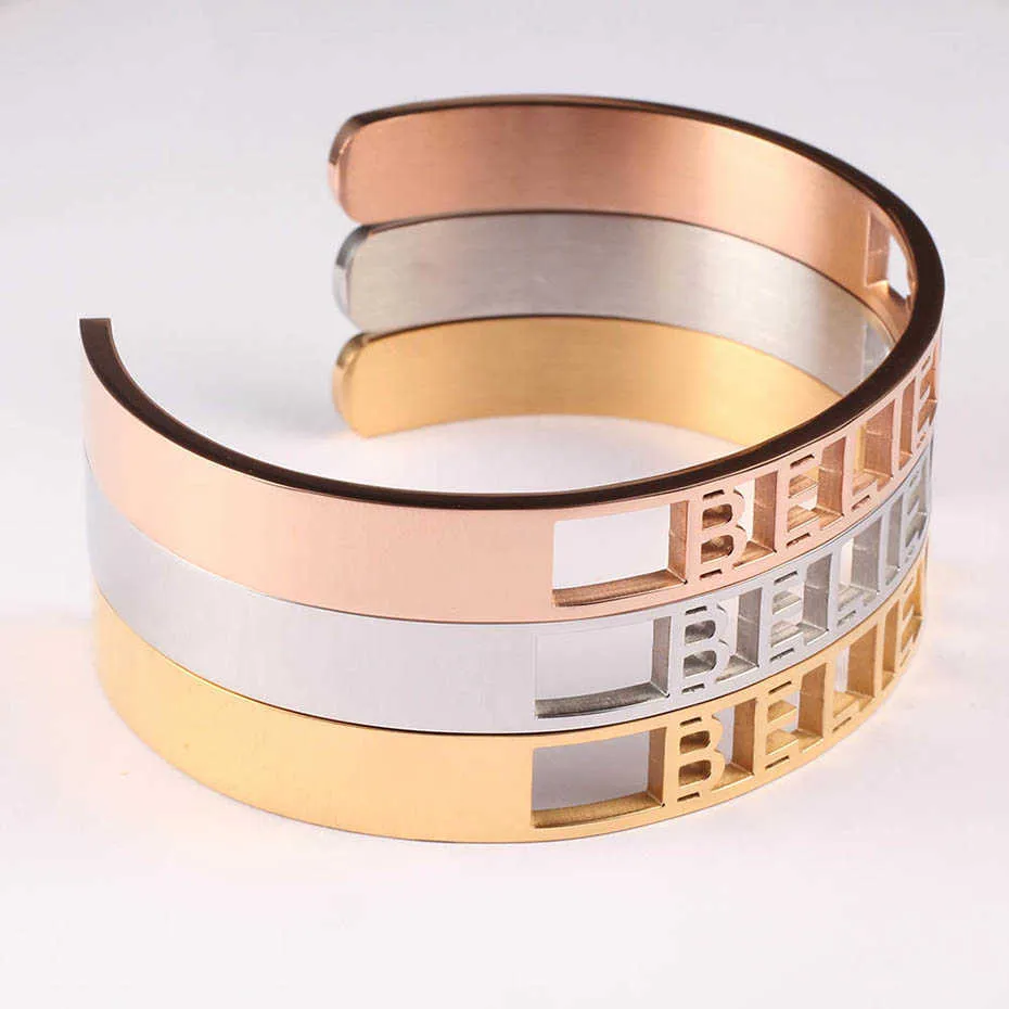 Carrevort Acredite Gravado Pulseira Mulheres Inspirational Aço Inoxidável Bangle-Gold, Rose Gold 8mm Largura Bangle Braceletes Q0719