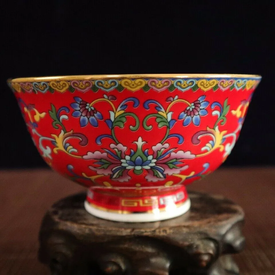 Porcelana antiga chinesa Pastel porcelana vermelha Pintada de Ouro Pastel Fu Personagem Tigela de refeição chinesa bowl89105448447841