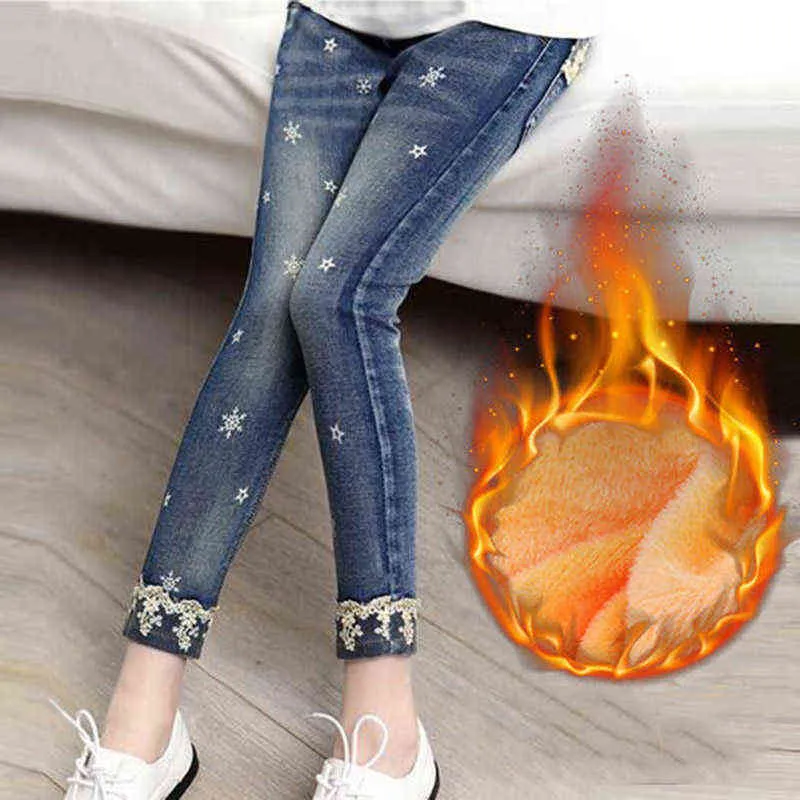 Children Fleece Jeans Winter Kids Girl Ripped Print Chirldren Denim Casual Trousers Teens Thicken Warm 211102