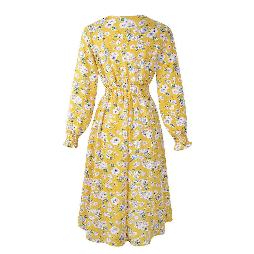 Panie z długim rękawem żółty Szyfonowa sukienka V Neck Flower Print Asymetria ES dla kobiet Tunik Tuxedo Letni Party 210604