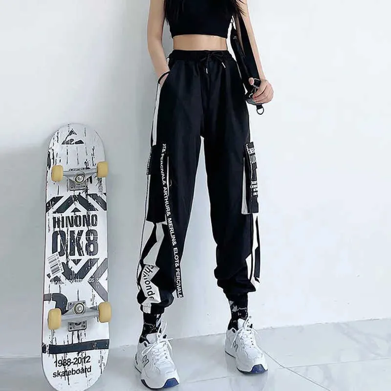 Frauen Cargo Hosen Hohe Taille Lose Sport Hosen Streetwear Kleidung Plus Größe Casual Hose Qualität Elastischer Boden 210915