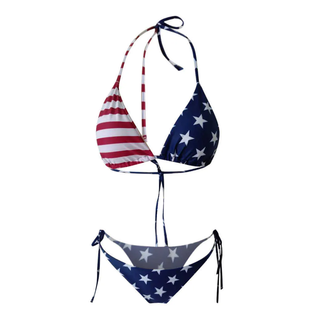 Amerikan Bayrağı Bayan Mayo Bikini Set Kadınlar Seksi Sutyen G-string Biquinis Feminino 2 Parça Mayo 210629