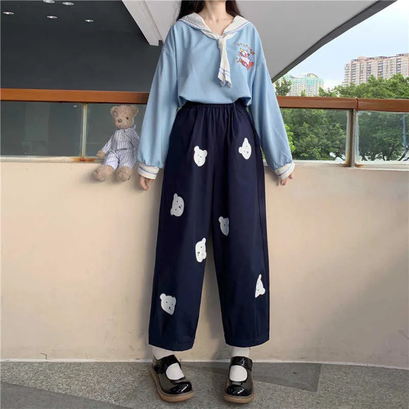 Japoński Kawaii Soft Girl Cute Bear Printing Kobiety Spodnie Base Wild High Paist Luźne Spodnie Elastyczne Casual Student Pant 210925