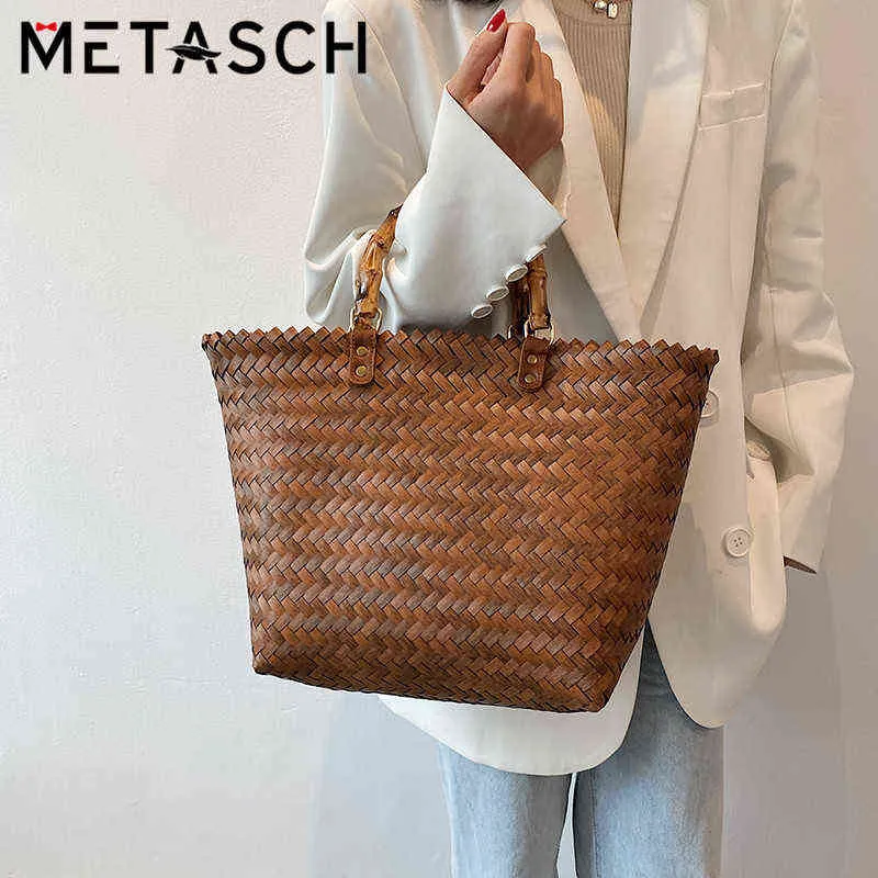 Sacs Shopping Sacs Metasch S / S Grand Capacité fourre-tout tissé Bambou Poignée de style de bambou Été Sac à main Sac à main Épaule Femmes Beach Holiday 220301