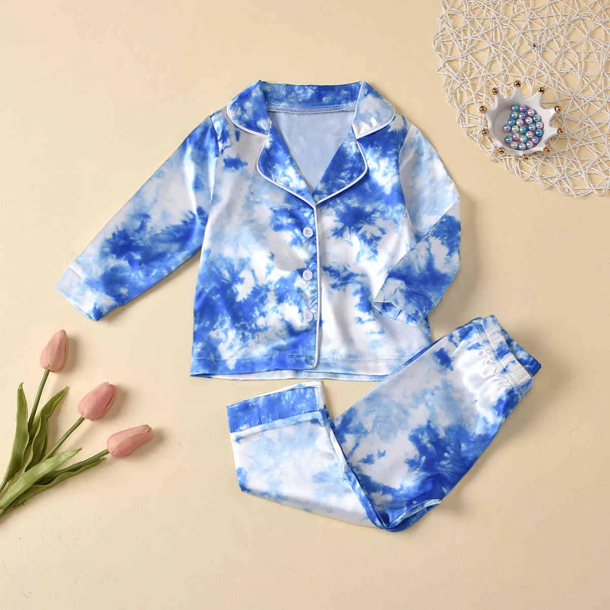 1-7Y Autumn Spring Toddler Kid Baby Girl Boy Pajama Sets Tie Dye Long Sleeve Casual Sleepwear For Children Outfits 210515