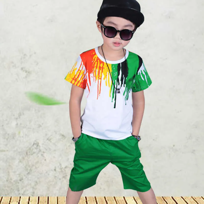 Летние мальчики одежда набор повседневных хип-хоп полоса красочная футболка + брюки 2шт костюм детский сад производительность детская одежда 210625