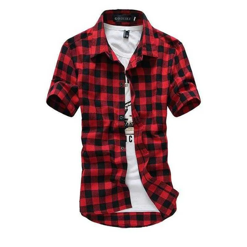 Mens Check Shirt Flannel escovado algodão mangas curtas Casual Slim Fit Top Plus Tamanho 210701255O