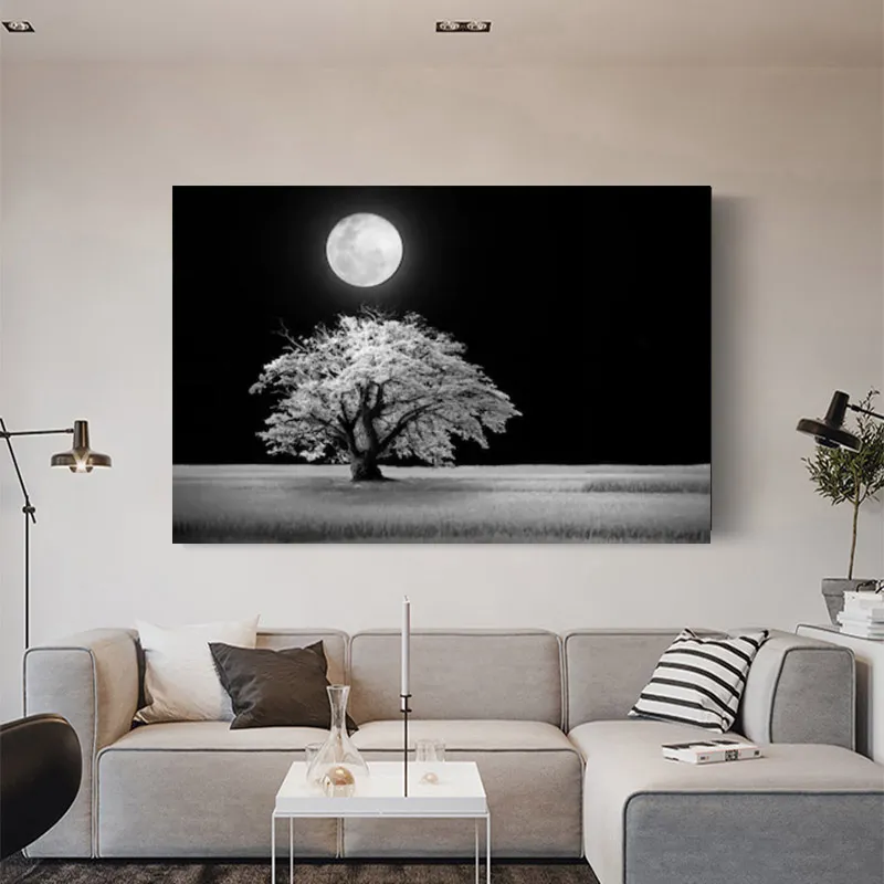 Toile de paysage de nuit d'arbre noir et blanc, imprimés et affiches de peinture, images murales pour décoration de salon et de maison