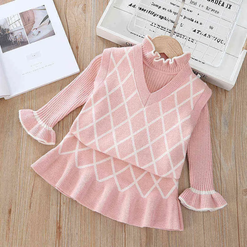 Fall Kids Clothes Knit Sweater Vest&long Sleeve Top&skirt Fashion Korean Little Girls Clothing Set Winter Warm Outfits G220310