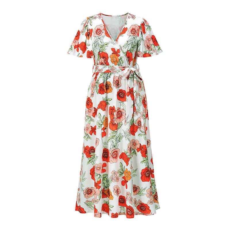 Col en V longue robe d'été femmes mode manches courtes papillon imprimé fleuri tunique plage fête Midi robe d'été femme 210421