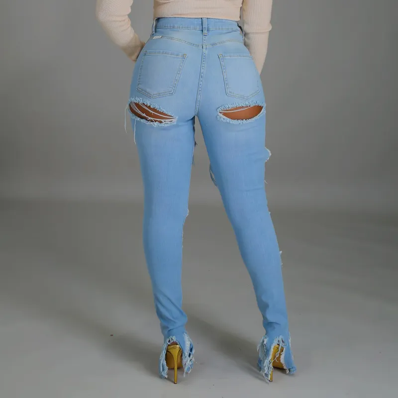 Plus storlek kvinnor tvättade rippade jeans mode sexiga höga midja skinny denim byxor blå ihåliga ut blekta penna byxor 210517