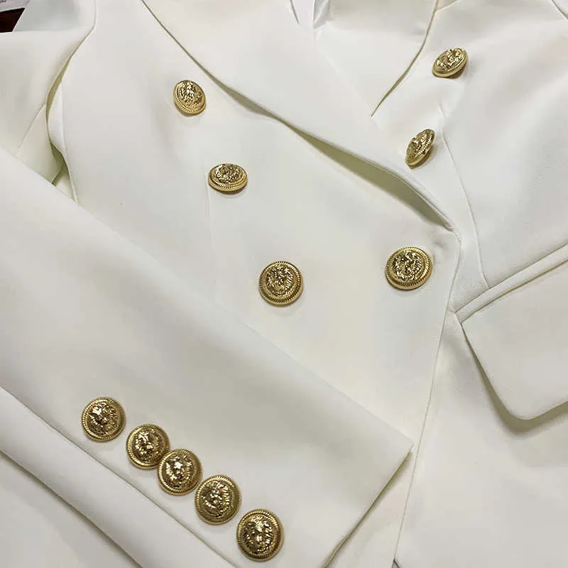 Blazer branco de alta qualidade feminino fino e elegante jaqueta feminina com botões de leão de metal duplo seios feminino 211019