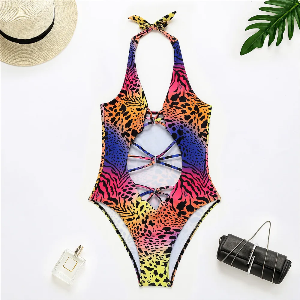 Leopard Imprimir Swimsuit Sexy Hollow Out Swimwear Mulheres Bodysuit Monokini Bathher Bathing Suits Beach Wear Swim Swim 210520