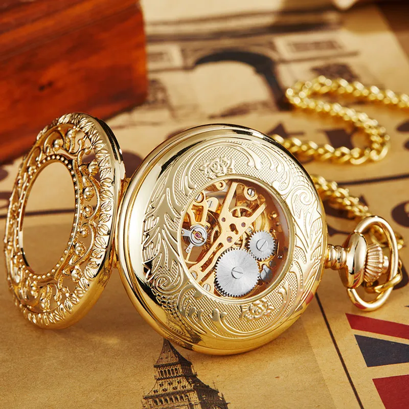 Orologio da taschino meccanico in oro antico con catena Steampunk Skeleton Hollow Orologio a sospensione a carica manuale Uomo Donna Bronzo dorato Gift303Y