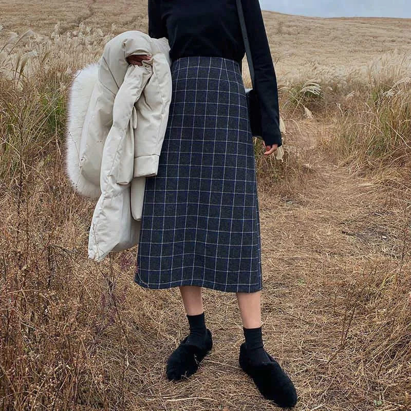 Plus la taille 4XL Vintage laine jupe à carreaux femmes taille haute automne hiver jupe longue dames élégante jupe midi en laine pour fille 210619