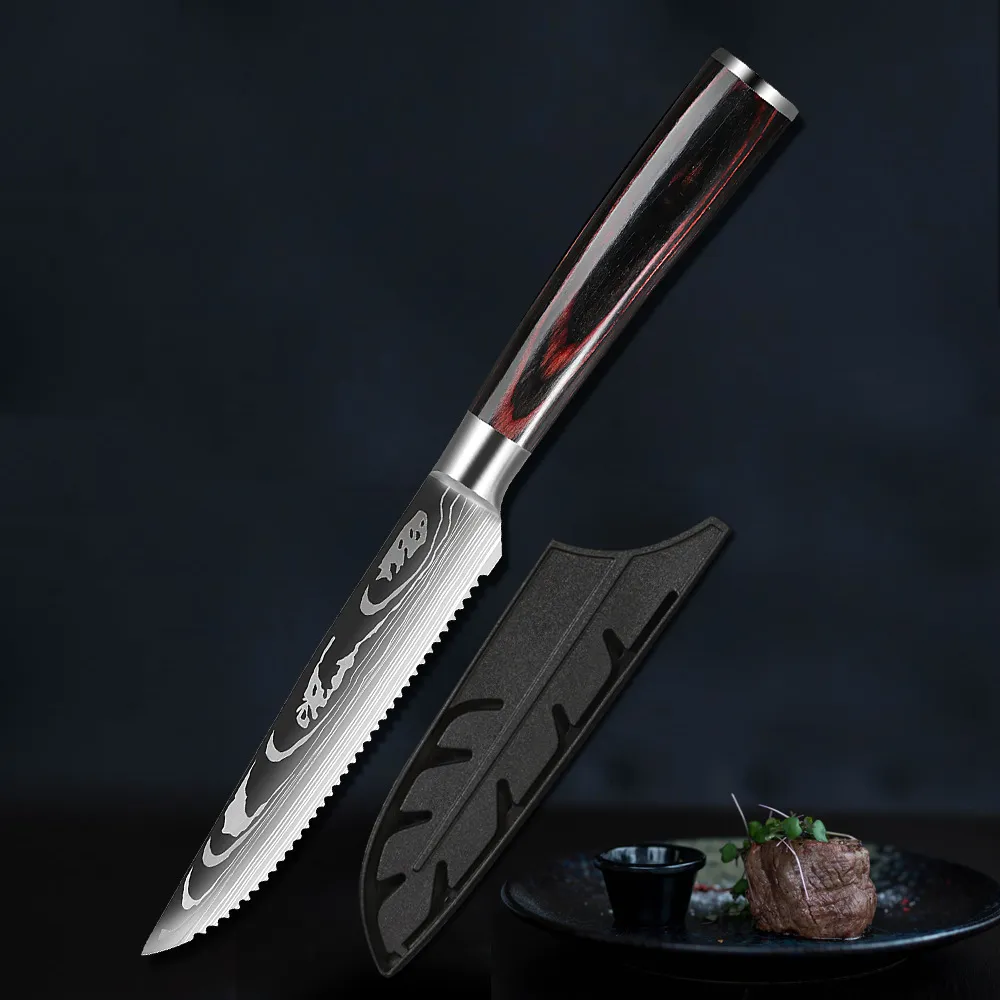 Getand steakmessen Damascus patroon 7Cr17 roestvrij staal fruit rundvlees cleaver diner bestek tafel mes houten handvat afwasmachinebestendig