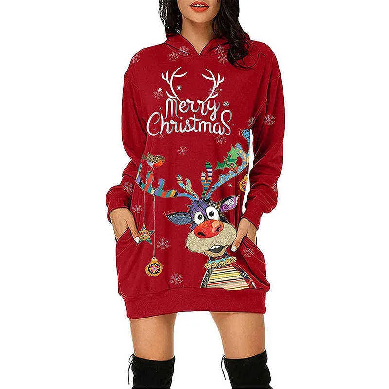 Femmes Casual À Manches Longues Hoodies Pull Robe Nouvelle Dame Robe De Soirée Pour La Mode De Noël Santa Claus Elk Impression Robe À Capuche Y1204