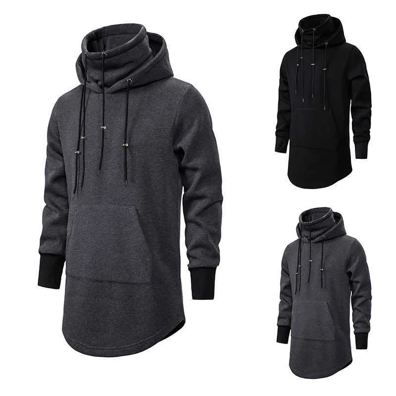 Erkekler Ince Uzun Bölüm Yüksek Yaka Kapşonlu Kazak Adam Kavisli Hem Katı Siyah Pamuk Rahat Kazak Hoodies Genişletmek 210813