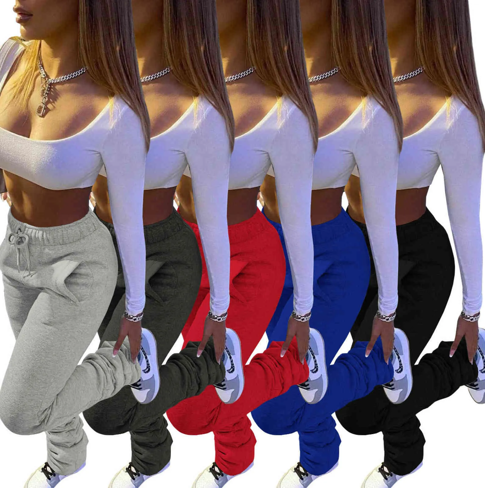 Pantaloni sportivi impilati Pile da donna spesso sportivo Fitness con coulisse con tasca Pantaloni a zampa streetwear Articolo sfuso Lotti all'ingrosso Y211115