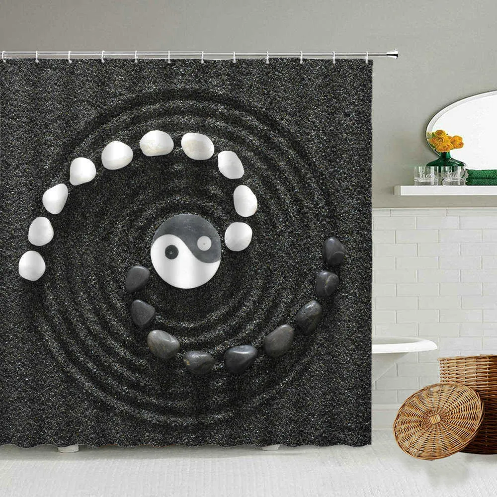 Zen taş çakıl bahar otlar yansıma su banyo kanca seti ile su geçirmez duş perdesi asılı ekran bez yıkanabilir 210915