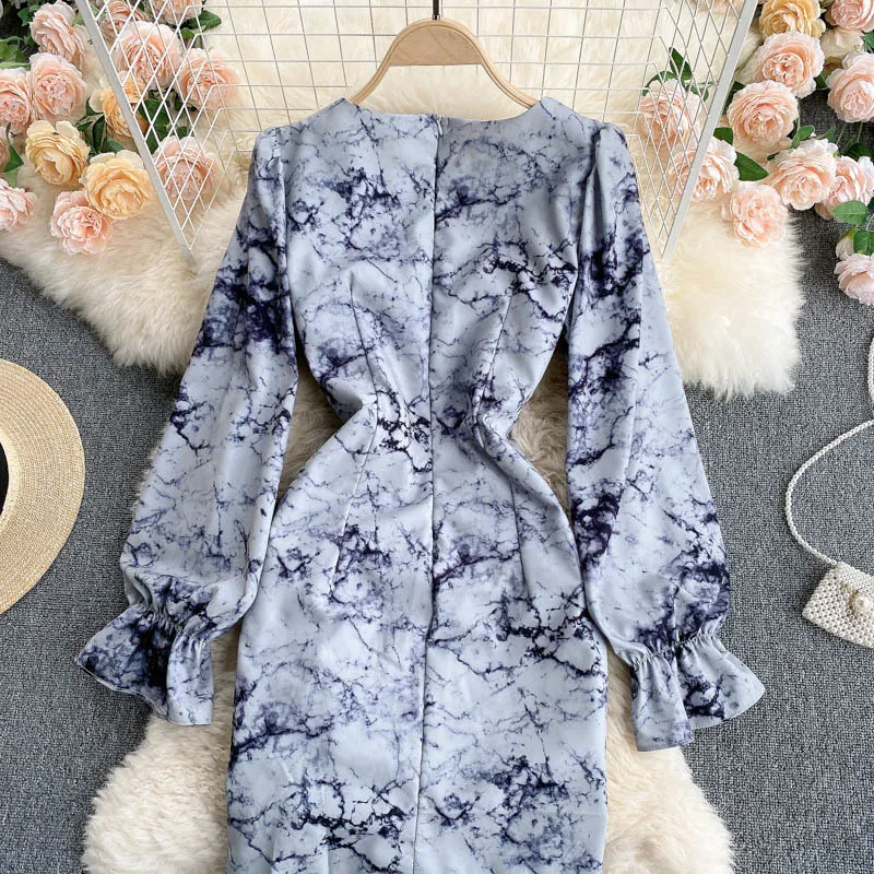 SINGREINY Design Tie dye Abito da donna stile coreano con coulisse increspato manica lunga abito sottile moda primavera streetwear abito corto 210419