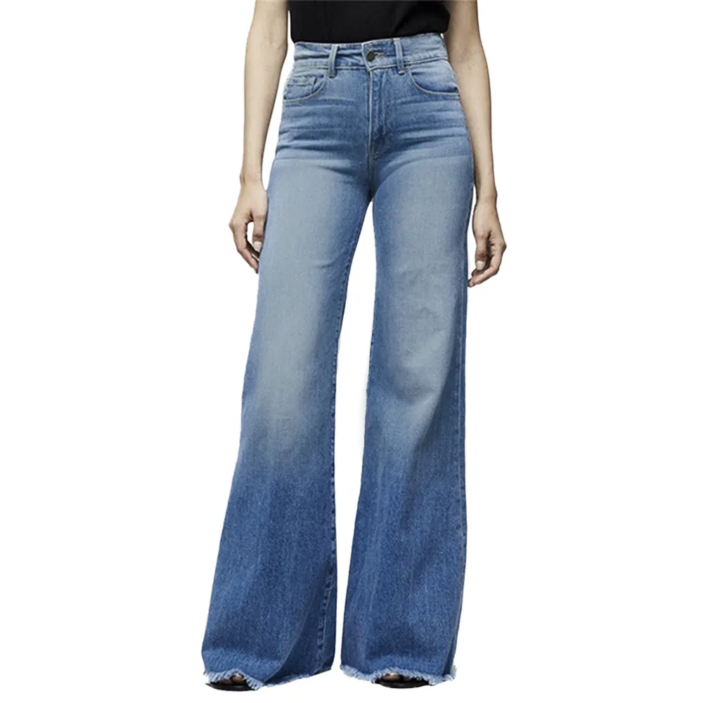Marque de mode jean élastique femmes bouton lavé Denim pantalon Femme poche pantalon coupe botte ligne droite Flare jean Muje228x