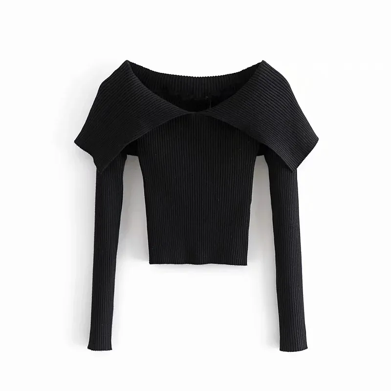 Automne noir ajusté recadrée pull tricoté femme mode manches longues hors épaule chandails mince Sexy pull 210519