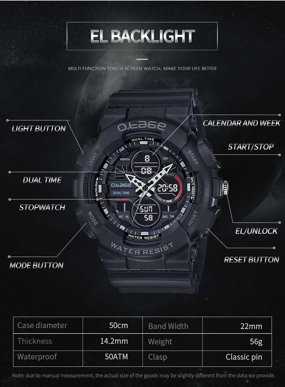O.TAGE MENS Digital Sports Casual Dual Display Multi-Functions Tactical Wrist Watch G1022