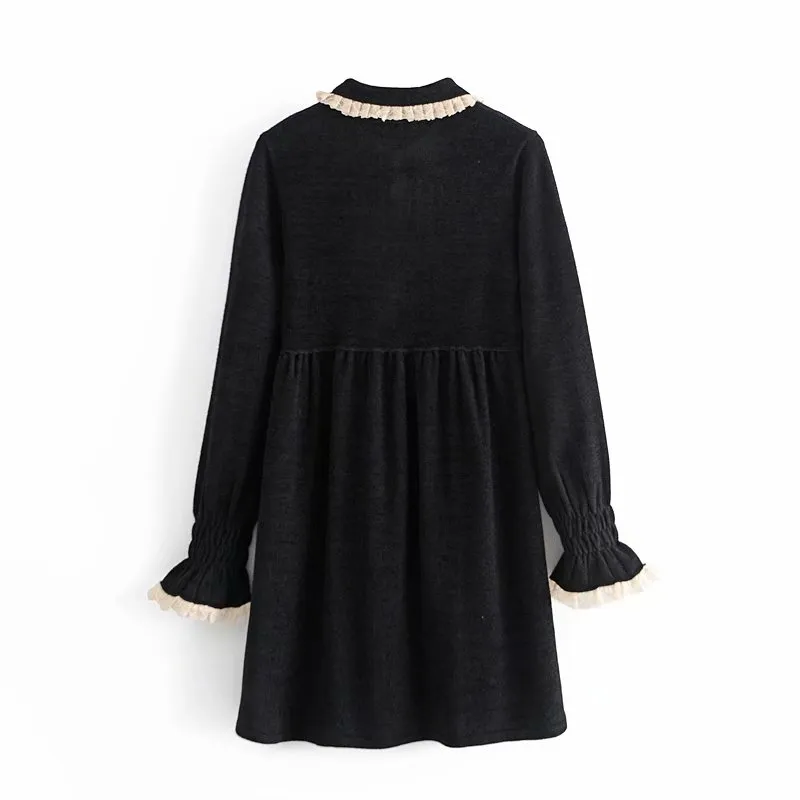 Vintgae Woman Black Slim Lace Patchwork Velvet Dress Autumn Elegant Ladies Soft Long Sleeve es Female Chic 210515