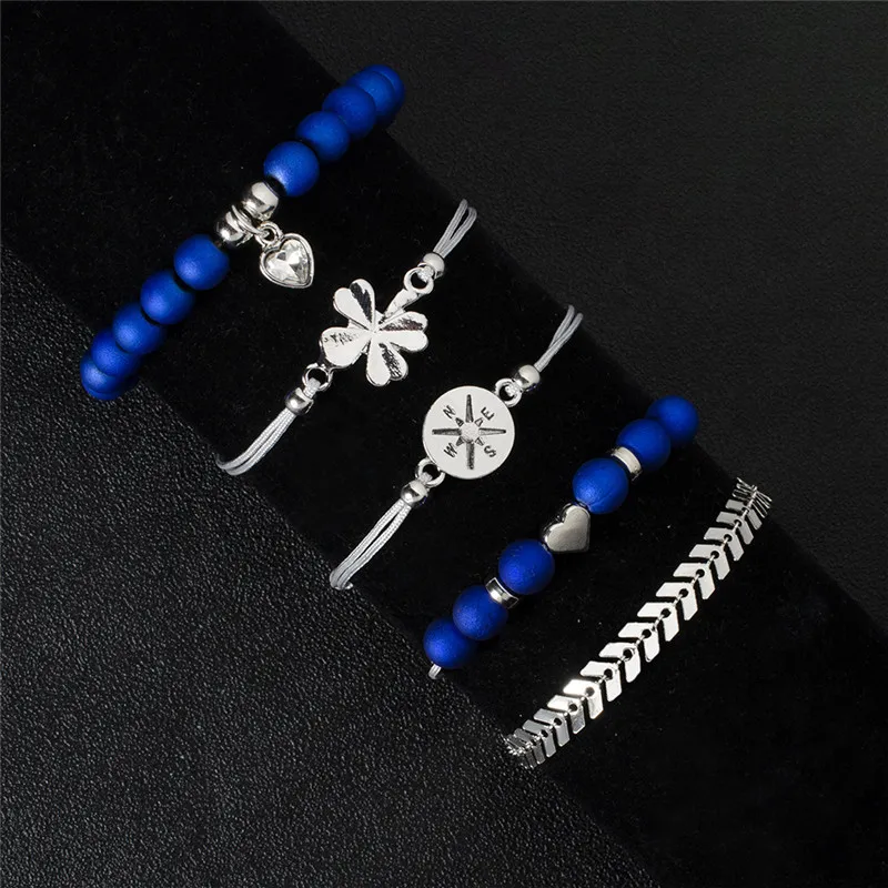Fashion Bohemian Braelet Bangle Silver Color Compass Leaf Heart Charm Bracelet For Women Party Beads Jewelry