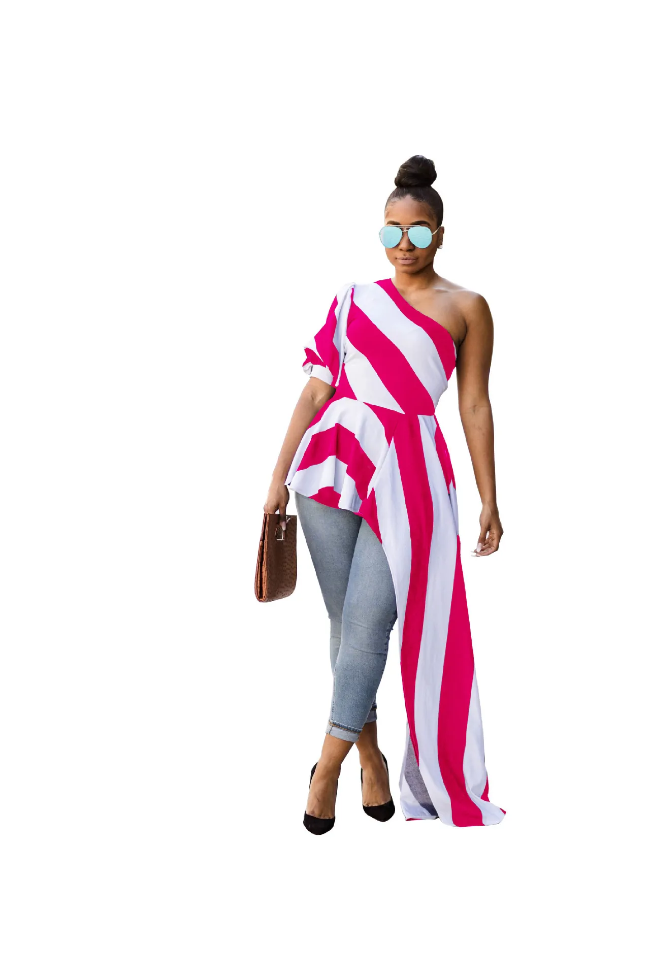女性の夏の縞模様のフリルの串焼き襟ワンショルダートップス不規則な長さカジュアルセクシーなシャツピンクブラックS-XL到着210416
